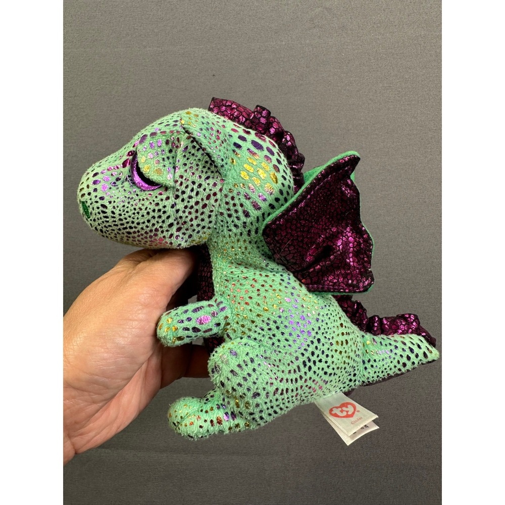 Ty Beanie Boos Cinder Green‎ Dragon Purple Wings Metallic Sparkle Plush 6 inch